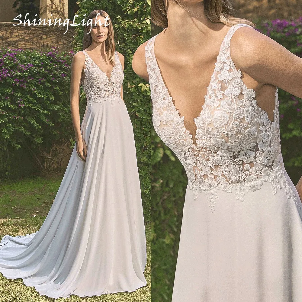 

ShiningLight Bohemia A-Line Chiffon Wedding Dresses for Women Sleeveless Lace V-neck Bride Gowns Vestido De Novia Customized