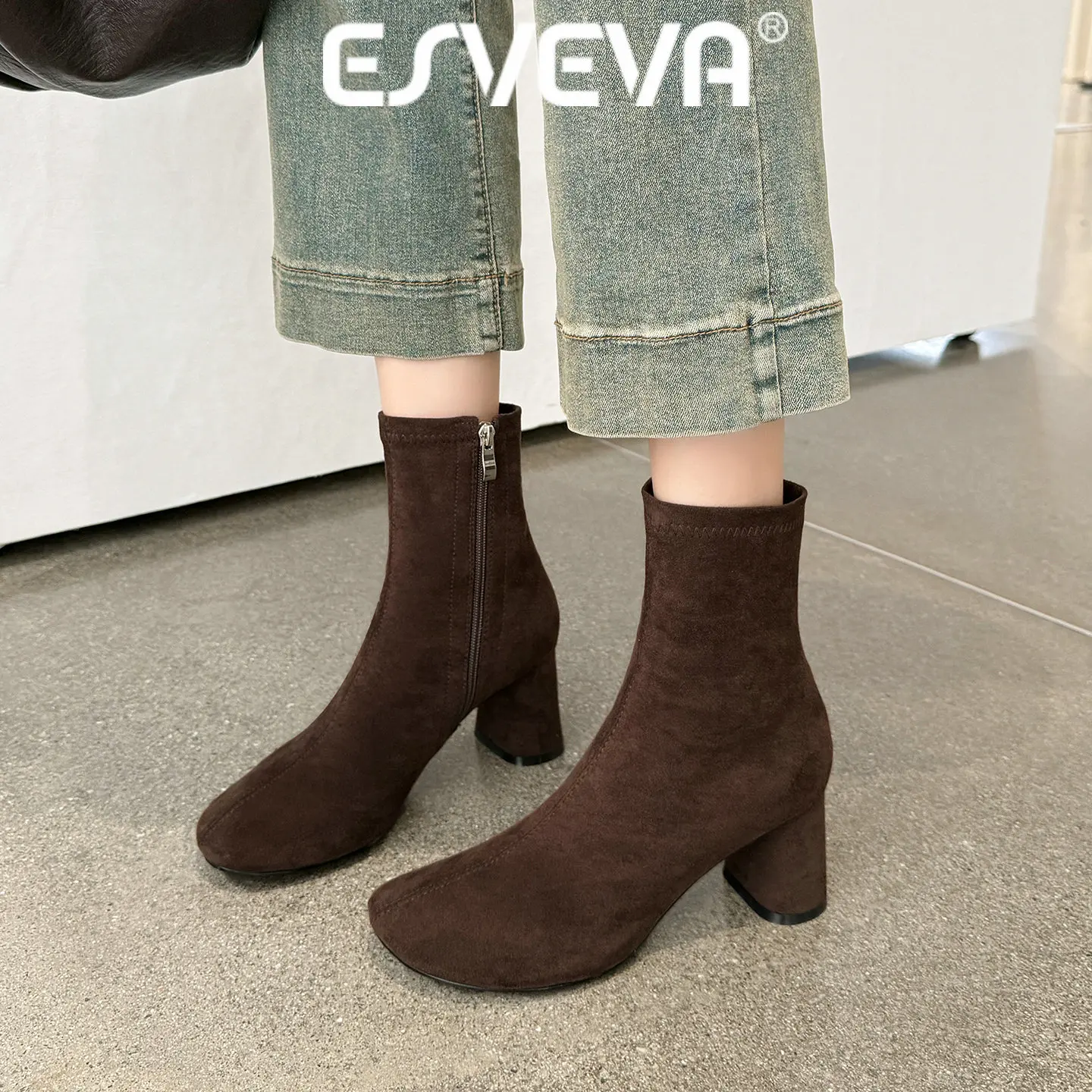 ESVEVA 2027 Fashion Women Ankle Boots Autumn Shoes Stretch Fabric Winter High Heels Casual Round Toe Warm Short Boots 34-39
