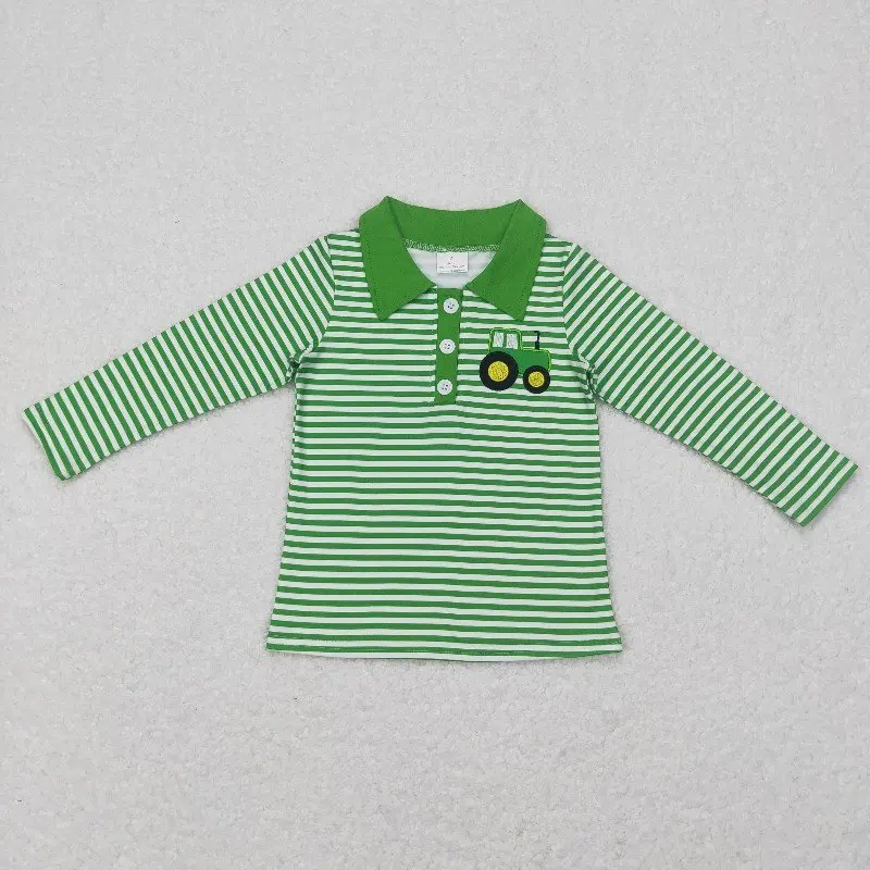 new rts baby boys new green striped long sleeve tops wholesale boutique hot selling embroidered tractor pattern boys shirts