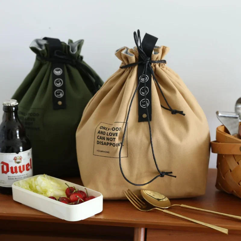 Japan Stijl Lunchtas Canvas Trekkoord Isolatie Koude Opslag Grote Capaciteit Camping Student Office Werknemer Lunchtas