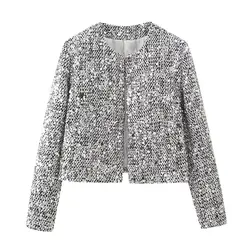 Cappotto Cardigan in Tweed grossolano girocollo con paillettes argento da donna per l'autunno inverno