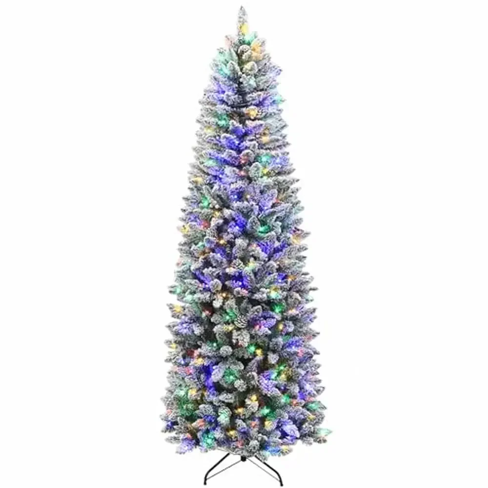 6.5 ft Prelit Snow Flocked Pencil Slim Christmas Tree 544 PVC Branch Tips 200 Color Changing LED Lights Metal Stand Festive