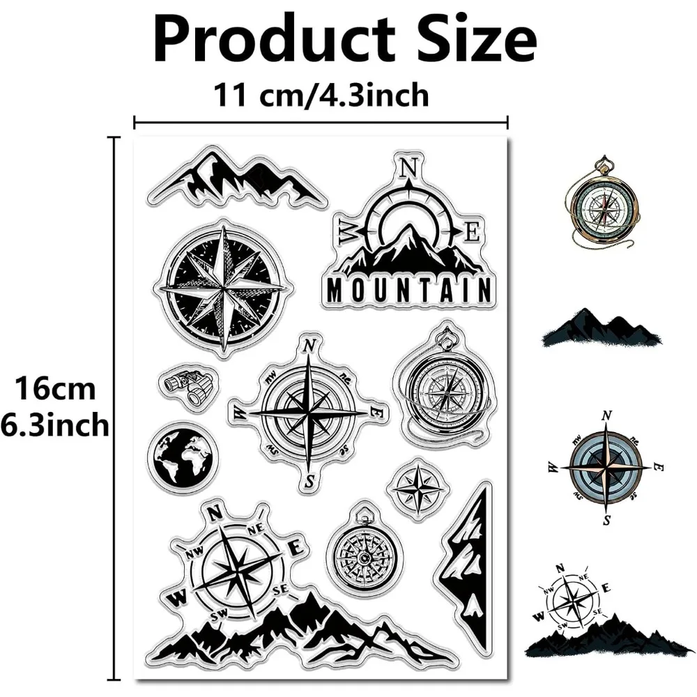 Compass Clear Stamps Mountains Earth Reusable Retro Transparent Silicone Stamp Seals for DIY Scrapbooking Supplies Journaling