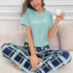 Women's round neck pajama set with letter printed short sleeved top and checkered pants casual soft and comfortable pajamas