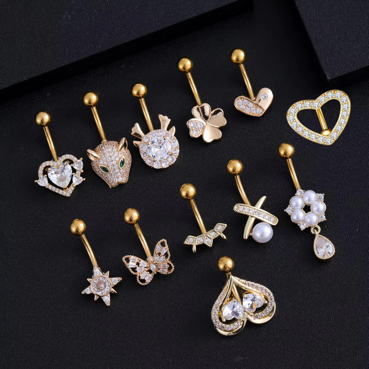 Mixed-Style Curved Belly Piercing Jewelry Heart Butterfly Crystal CZs Sexy Belly Button Ring 14G Stainless Steel Navel Piercings
