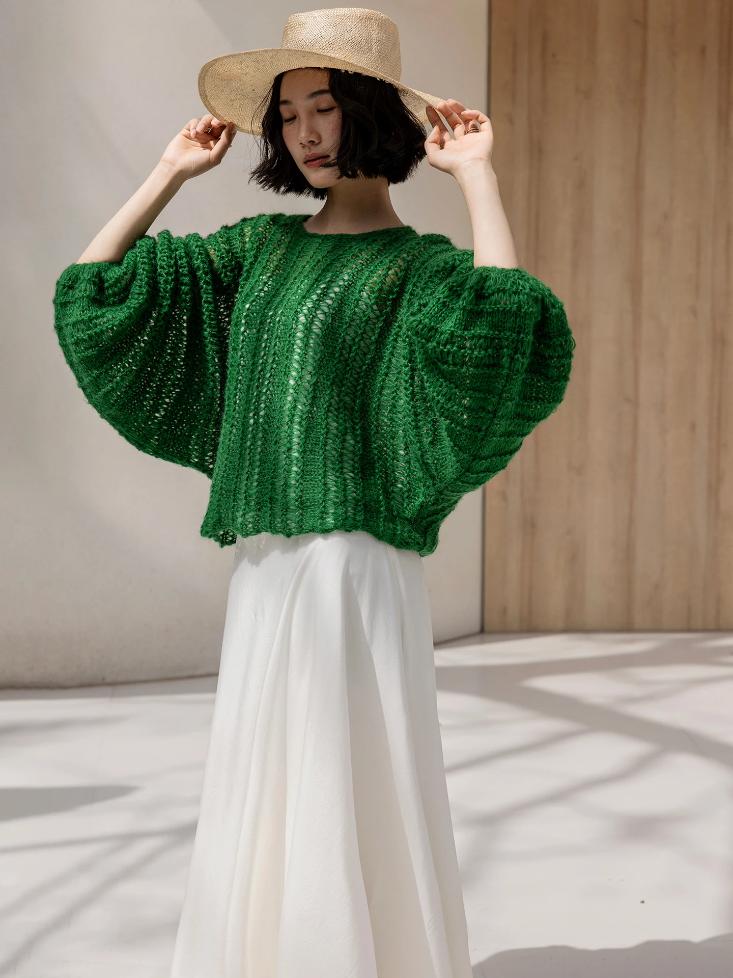 

Свободный вязаный свитер с рукавами «летучая мышь» для женщин, осенне-зимний повседневный, с ажурной вязкой, из смесовой шерсти, ручной работы, однотонный топ