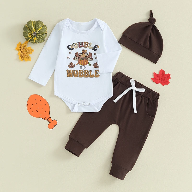 Baby Baby Thanksgiving Outfits Brief Kalkoenpatroon Lange Mouw Romper Lange Broek Hoed