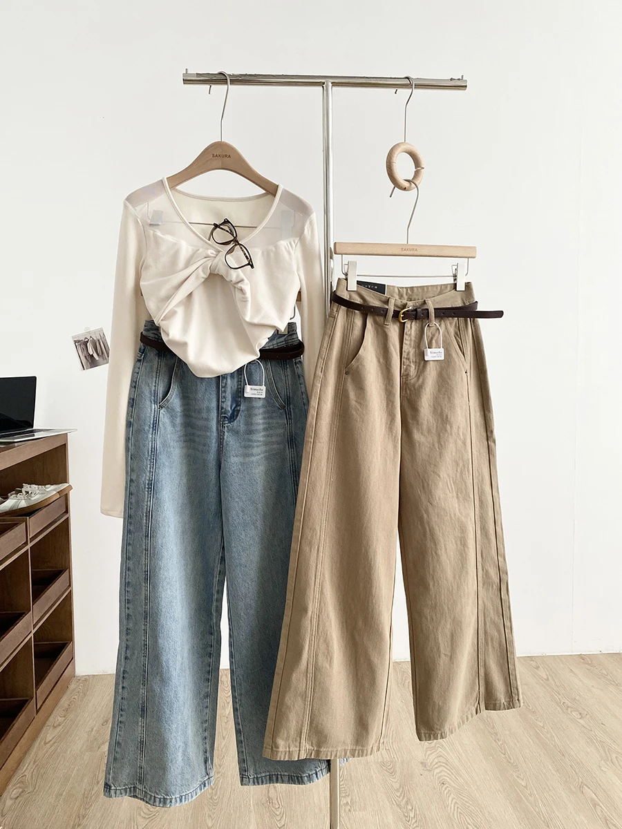 

Женские джинсы с высокой талией и широкими штанинами, повседневные, в корейском стиле, однотонные, весенняя новинка, свободный крой