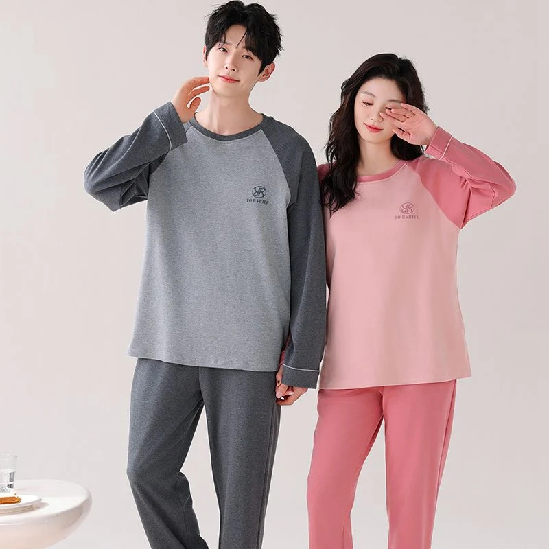 2025년 가을 커플 긴팔 100% 면 파자마 세트 (남성용 한국 귀여운 만화 수면복 파자마 여성용 홈웨어 홈 의류)