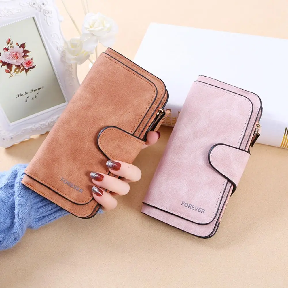 Portable Frosted Three Folding Wallet Hasp Zipper Credit Card Bag Handheld Phone Bag PU Leather Coin Purse Female