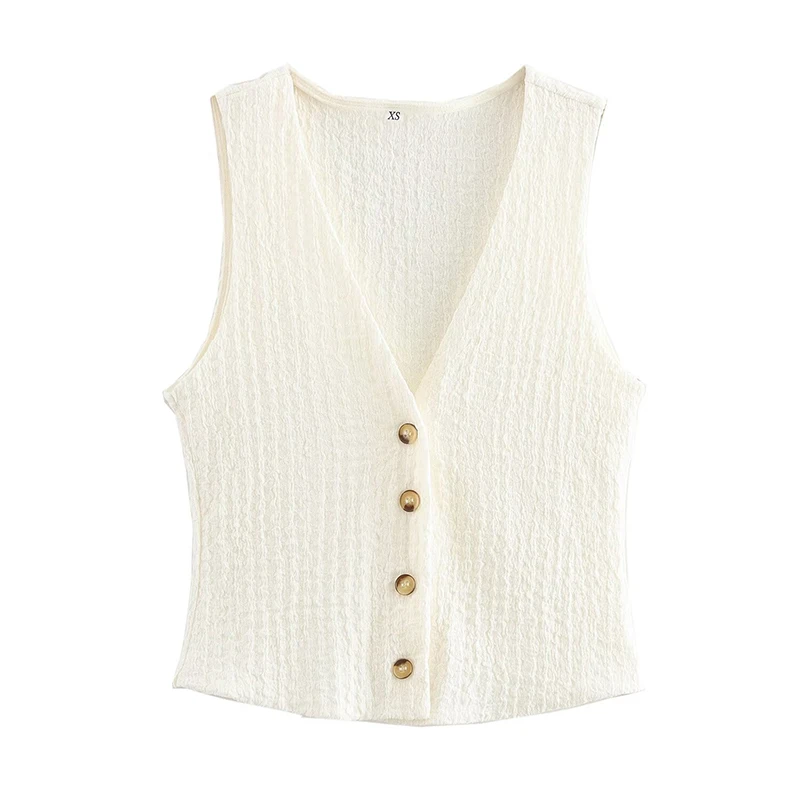 Willshela Women Fashion Texture Solid Single Breasted Vest Tank Tops Vintage V-Neck Sleeveless Female Chic Lady Tops