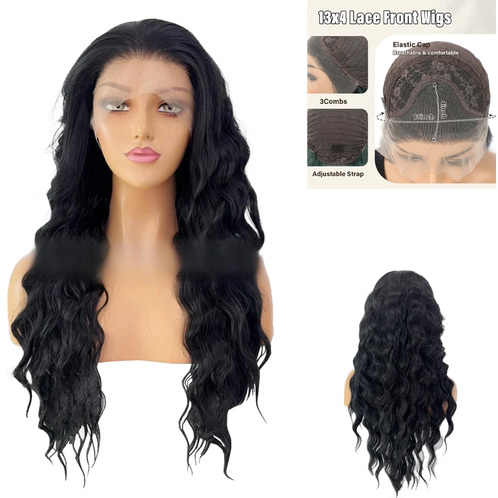 Venda de liquidação: cabelo sintético frontal de renda 13x4 ondulado preto de 26 polegadas, adequado para festas diárias femininas, peruca de alta qualidade com gancho à mão