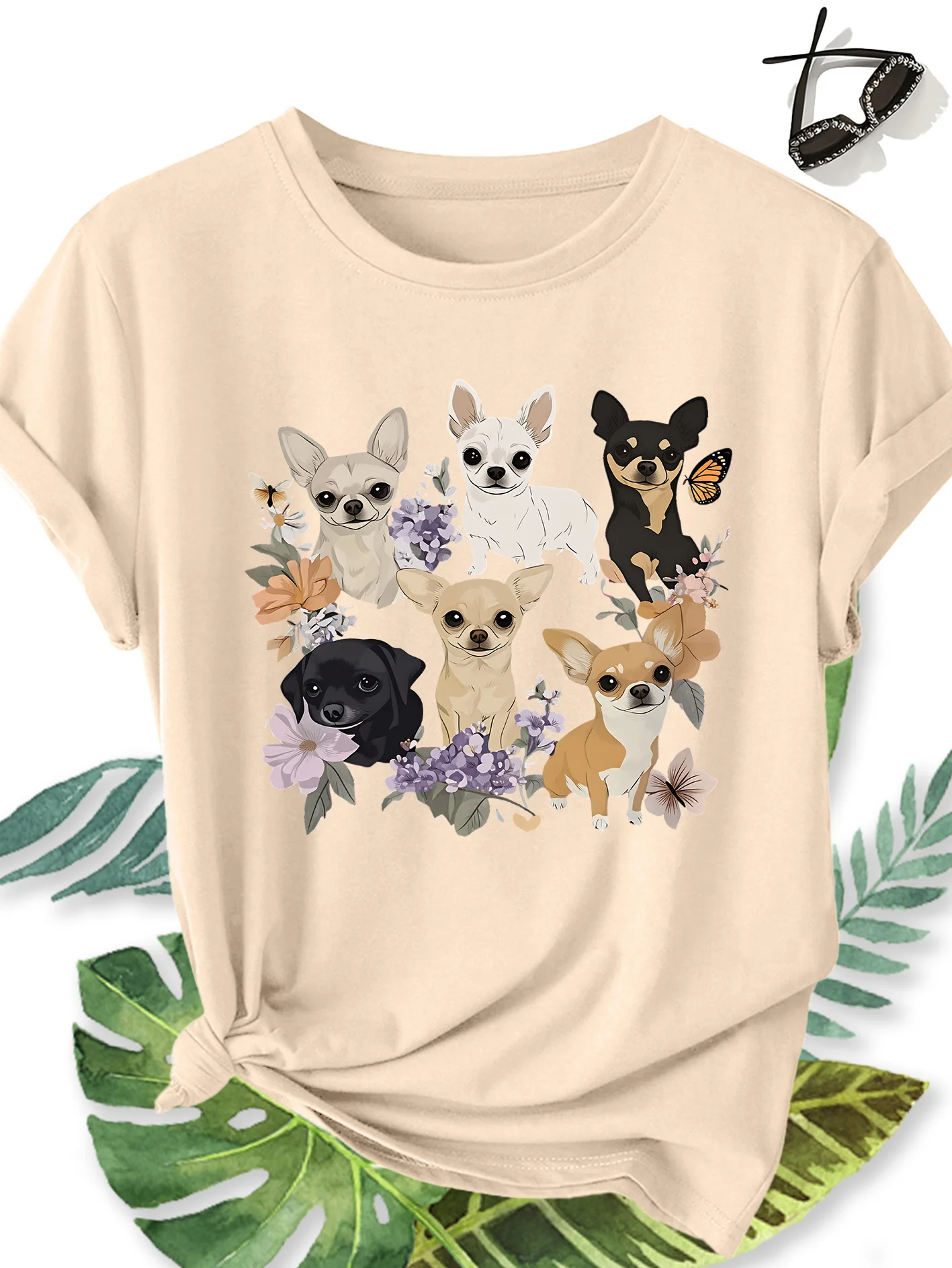Chihuahua Dog Flower Printed Pattern Women's Elegant Round Neck Women's Comfortable New Collection Short Sleeve T-shirt Gift