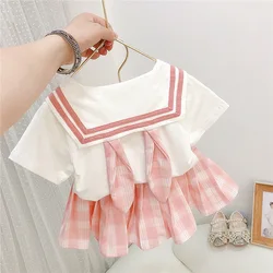 Summer 2024 Toddler Girl 2PCS Clothes Set Navy Collar Rabbit Ears Shirt Plaid Elastic Waist Skirt Baby Girl Outfit Kid Girl Suit