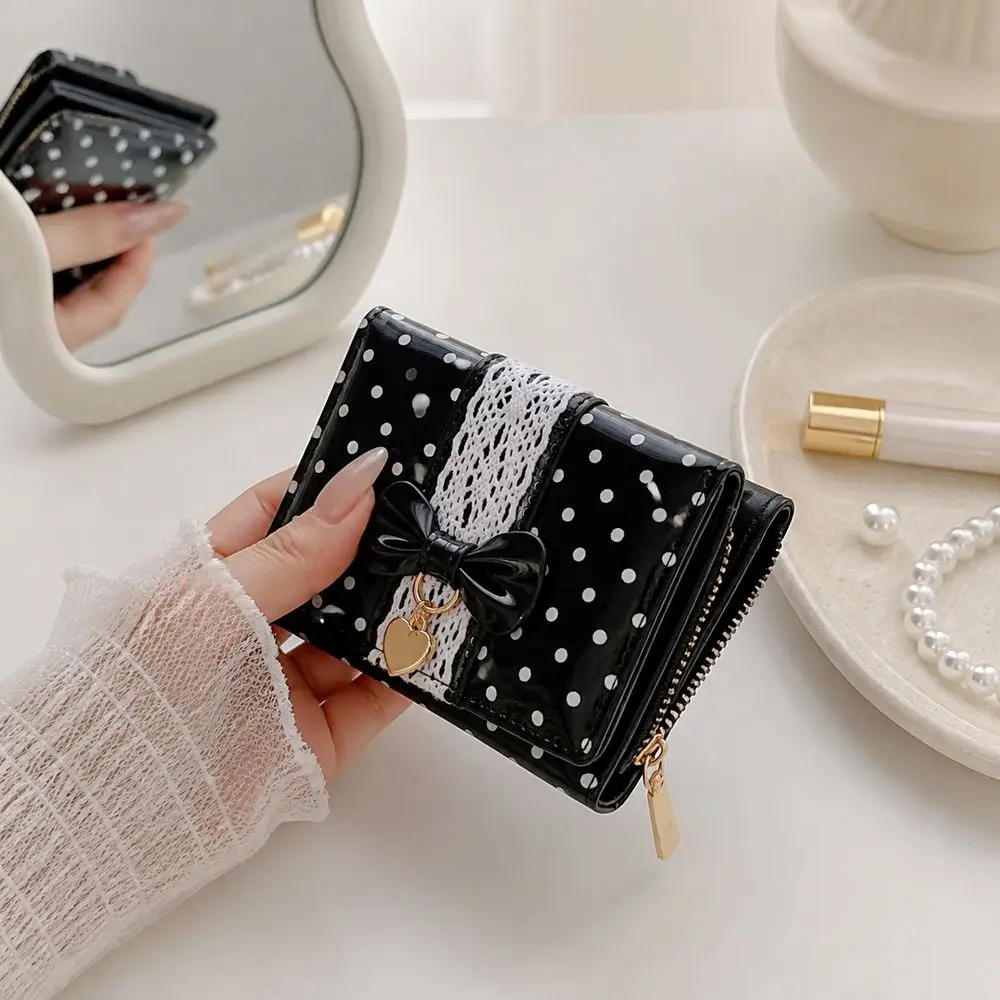 New PU Wallet Tri-Fold Wallet PU Glossy Finish Coin Purse Bow Decoration Polka Dot Pattern Money Purse for Women