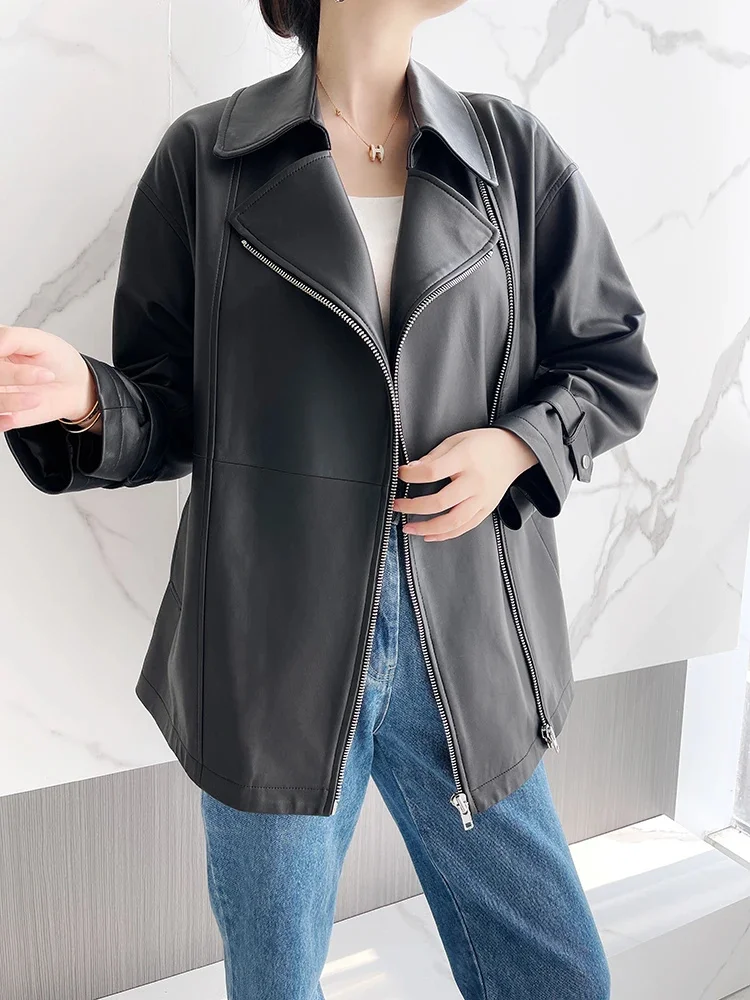 Veste en cuir véritable mi-longue pour femme, manteau de moto noir en peau de mouton véritable avec ceinture, tendance haut de gamme, 2024