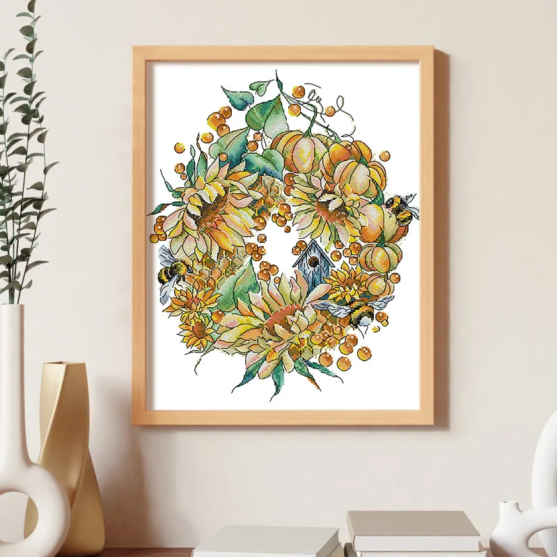 

Набор для вышивки крестом Joy Sunday с предварительной печатью, легкий узор, набор для вышивки из штампованной ткани Аиды, венок с золотым урожаем