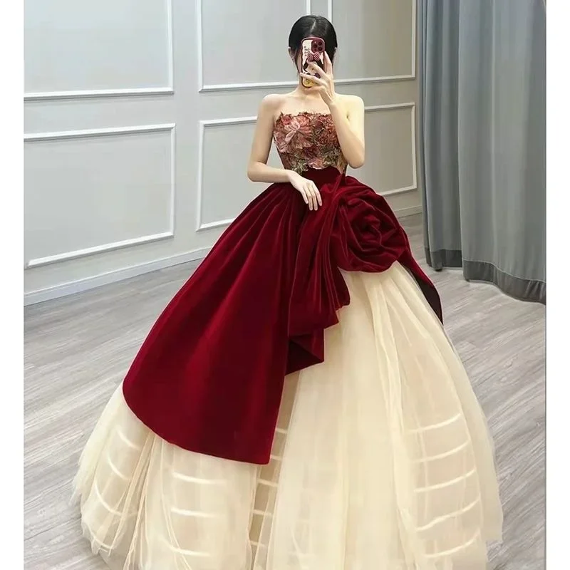 

Strapless Temperament Mesh Patchwork Wedding Party Robe Slim Waist Big Rose Design Elegant Evening Dresses Ball Gown Prom Dress