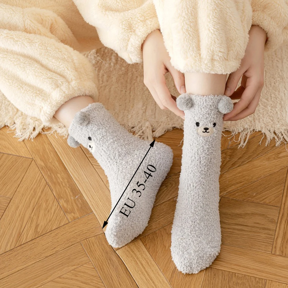 Cute Animal Bear Thick Coral Fleece Fuzzy Socks Home Floor Sleep Sock Female Autumn Winter Warm Funny Socks  Sleep Socks