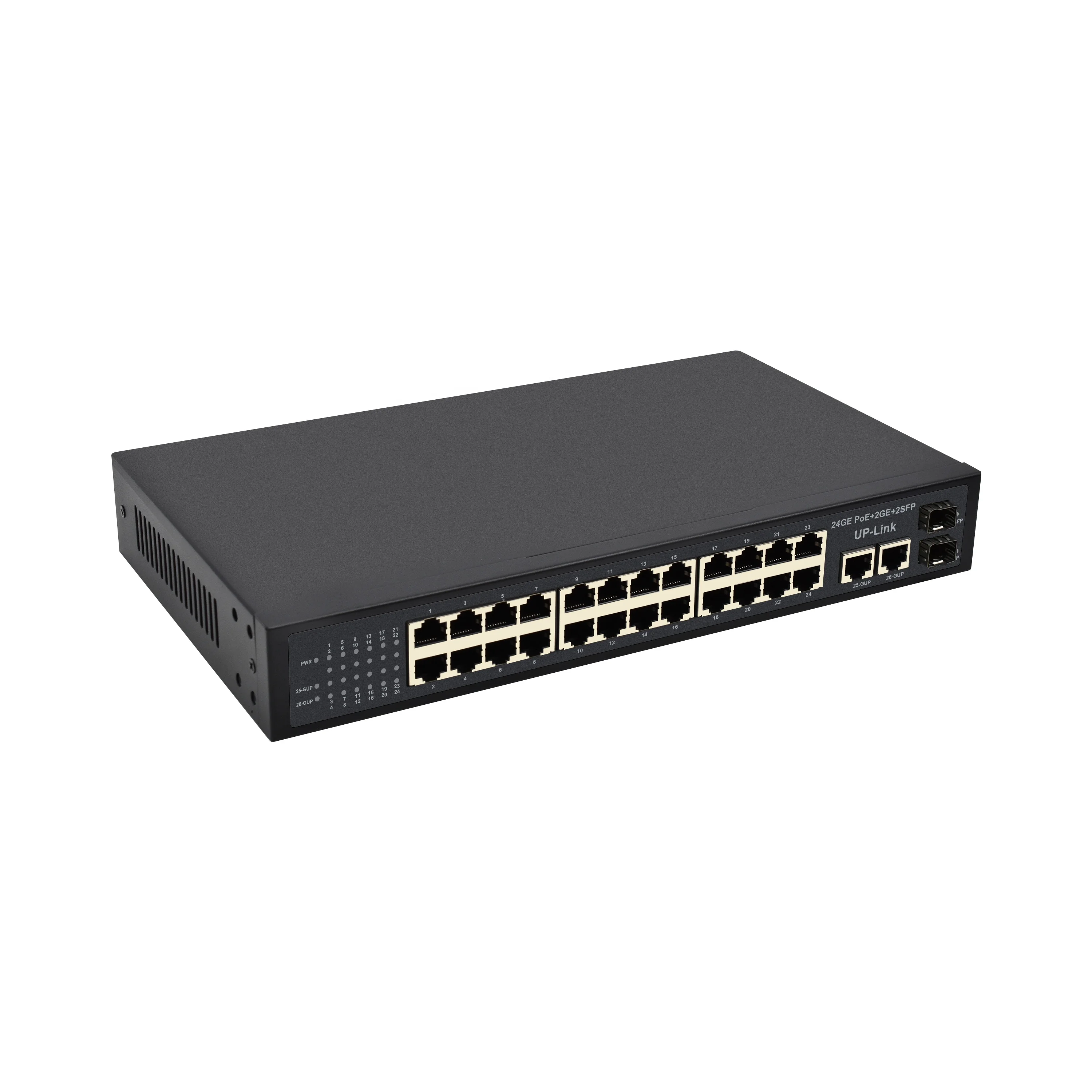 Intelligenter PoE-Switch mit 2 kombinierten SFP-Steckplätzen, 48-V-Ethernet-Glasserschalter, 24-Port-Gigabit, passend für CCTV