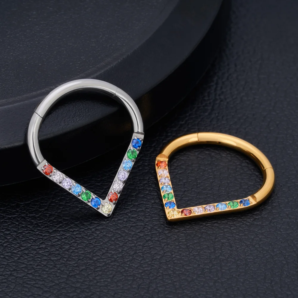 New G23 Titanium Colorful CZ Teardrop Septum Ring 16G Nose Ring Hinged Segment Piercing Helix CartilageTragus Earring Jewelry