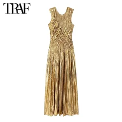 TRAF Golden Long Dresses 2024 Summer Autumn Women's Elegant Party Evening Pleated Dress Ladies Fashion Sleeveless Long Dress