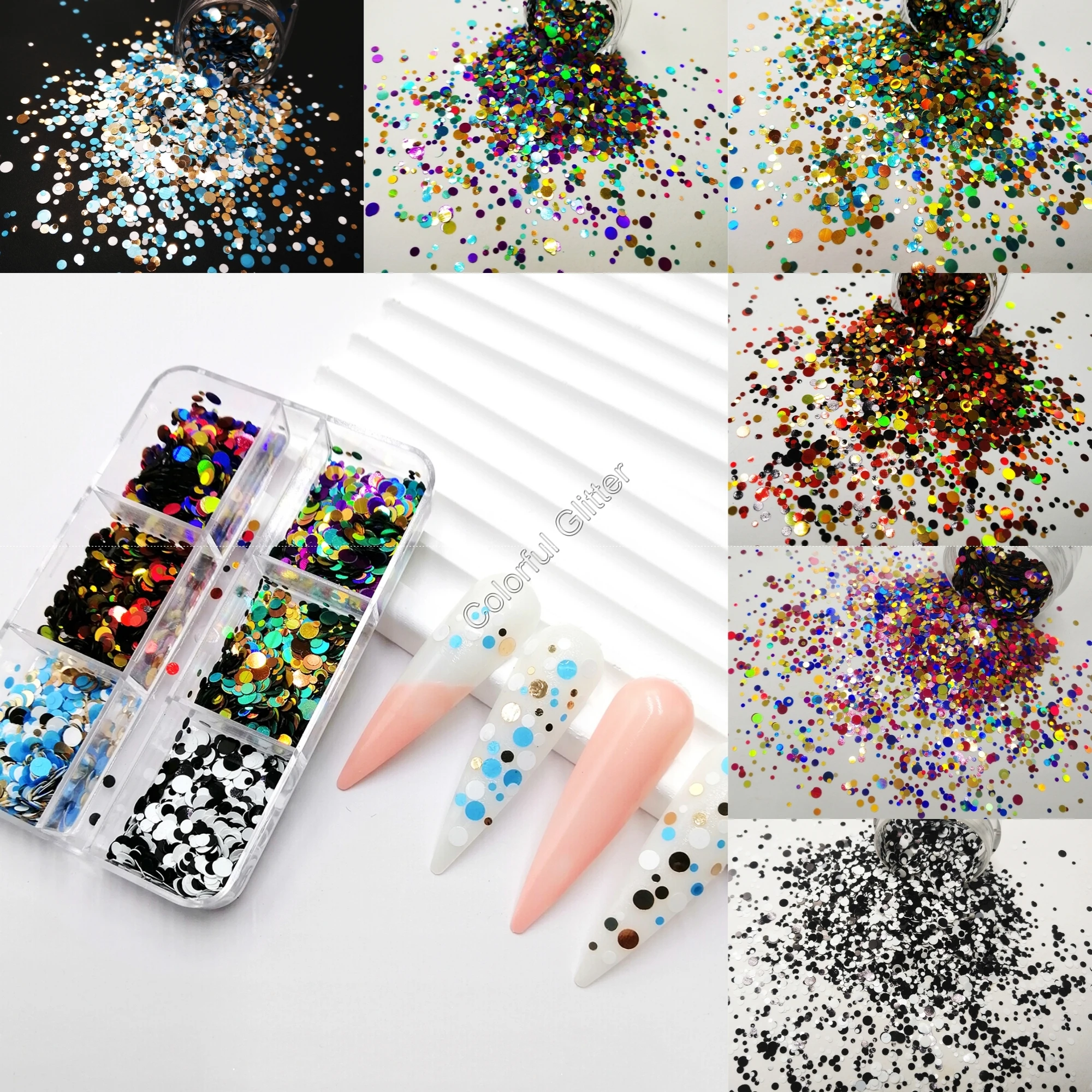 6 Grids Holographic Colorful Circle Round Dots Glitter Mix Chunky Sequin Flake Shape forDIY Facepaint Nail Art Body Makeup Deco