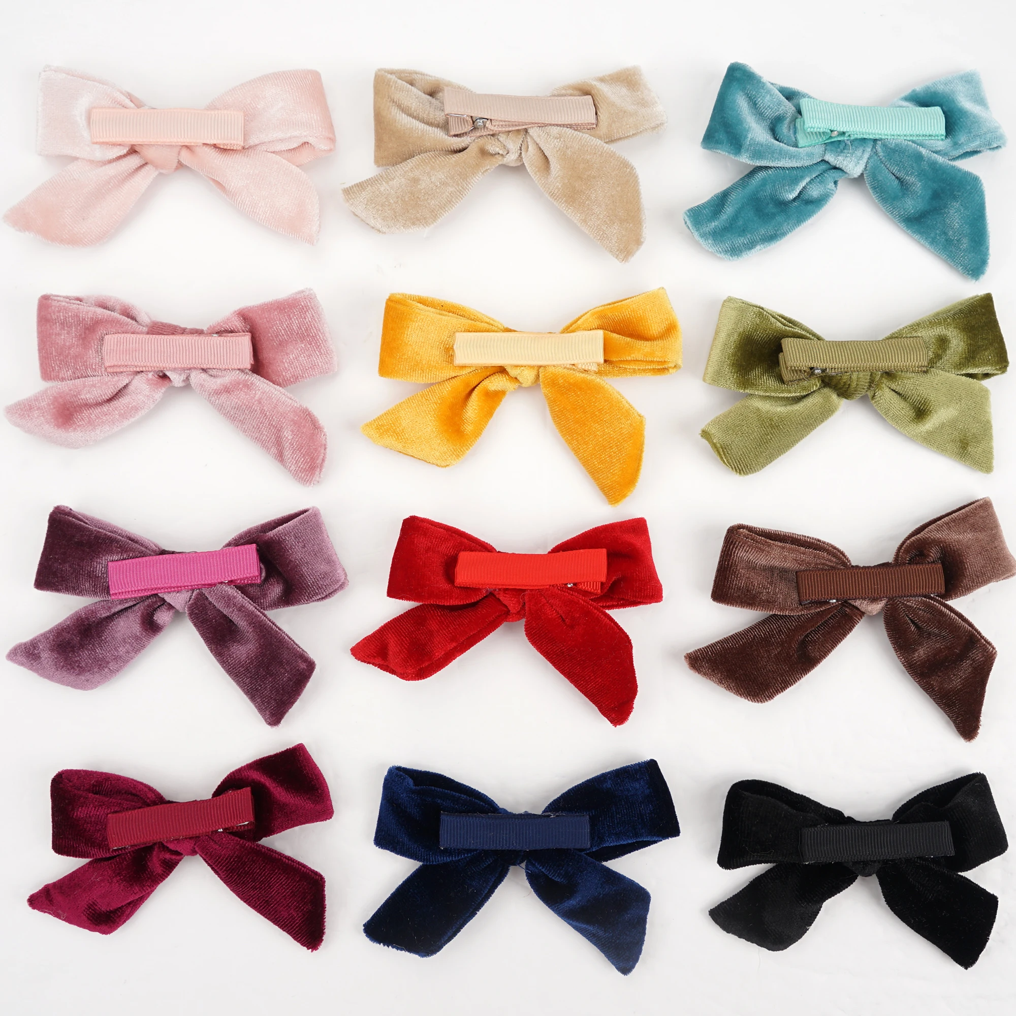 Velvet Hair Bows Clips para meninas, presilhas de metal, acessórios do bebê, crianças pequenas, 4 ", 6pcs, 3 pares