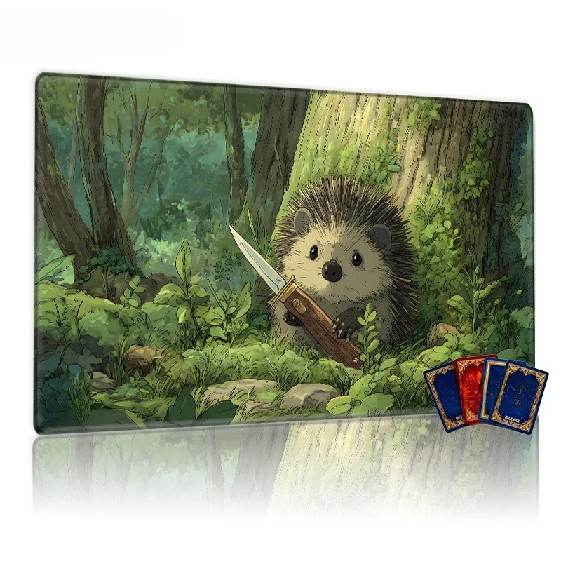 Adorable round hedgehog TCG game mat in lush forest - collectible card table mat - game mat - perfect gift for card
