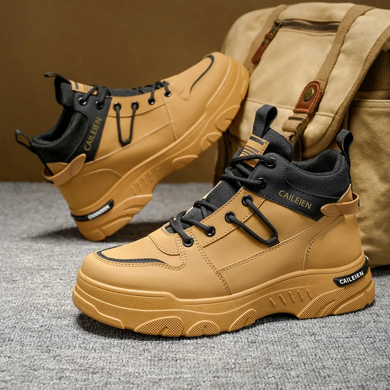 

New Autumn Men Sneakers Leather Men's Shoes Outdoor Mountain Short Boots Rotating Buttons Work Shoes for Men Platform Travel