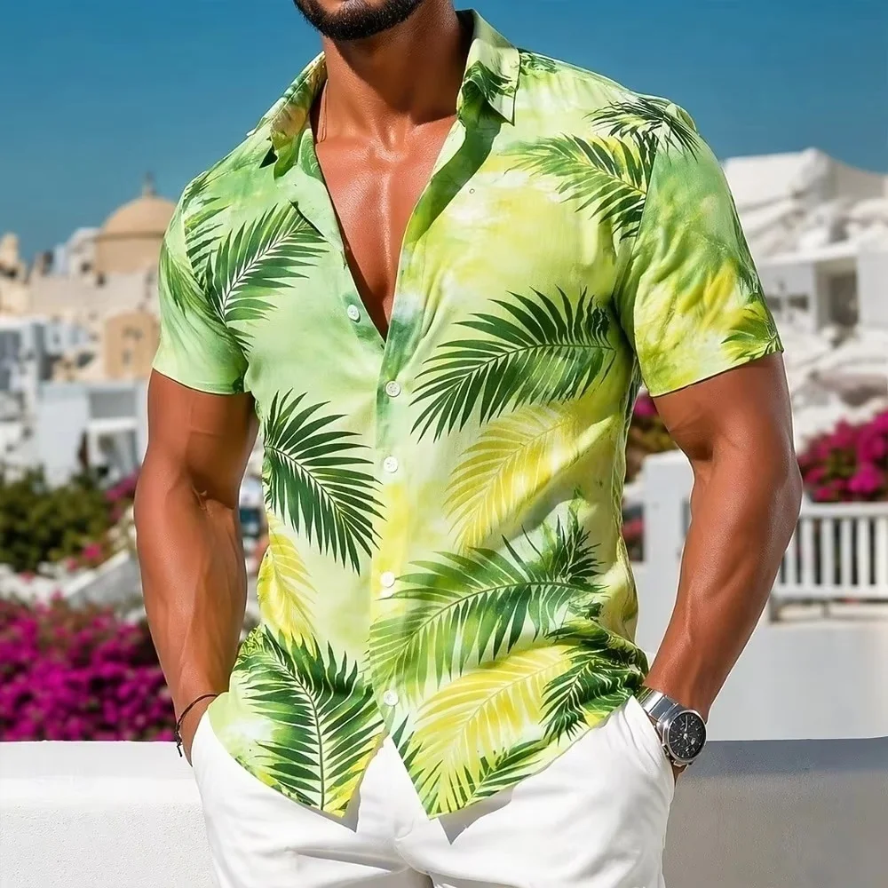 2026 New Arrival Hawaiian-Style Men's Palm Leaf Shirt Men's 3D-Printed Beach-Style Short-Sleeve Shirt Summer Fashion Men's Shirt
