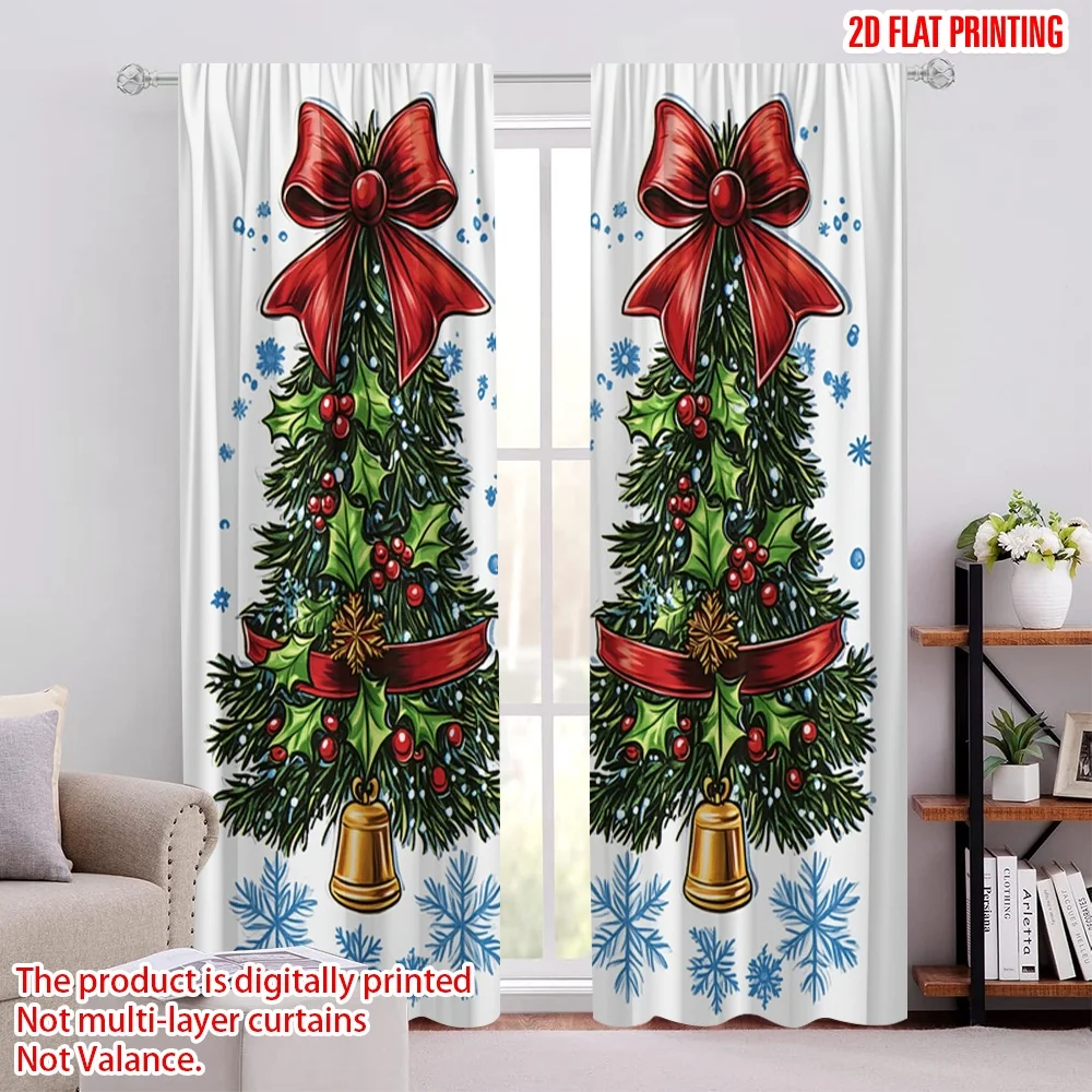 2pcs,2D plane printing Minimalist Curtains Christmas Tree Snowflakes Bows Polyester Woven (without rod) Home Decor Perfect for