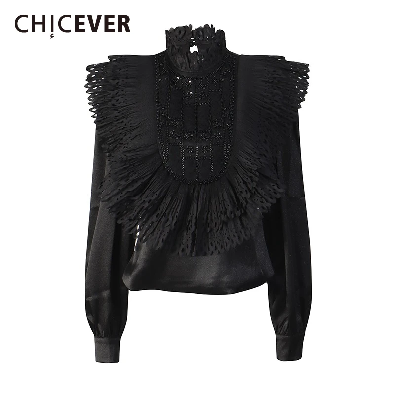 

CHICEVER Solid Spliced Beading Shirt Female Stand Collar Long Sleeve Loose French Intellectual Women's Shirts Autumn Fashion New