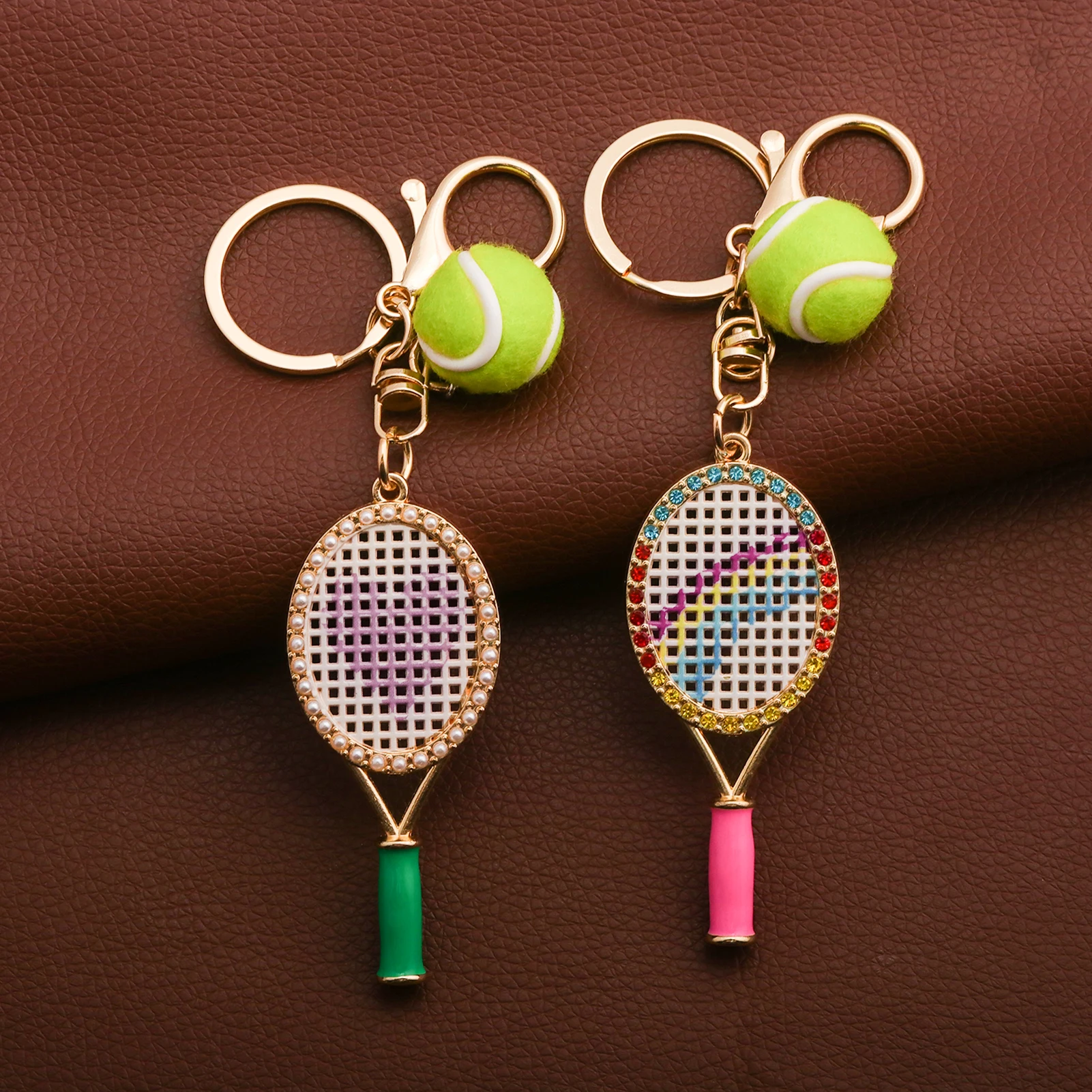 Kristallherz-Tennisschläger-Schlüsselanhänger, Mini-Filz-Tennisball-Taschenanhänger, Sport-Schlüsselring, Rucksack- und Handtaschenanhänger, Geschenk für Frauen – Detail 3