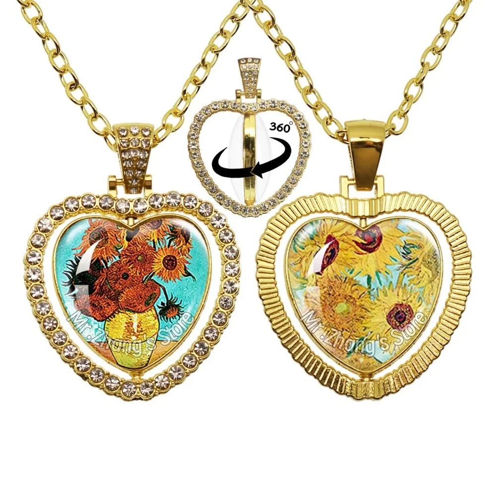 Hot Van Gogh Art Starry Night Sunflower 25mm Peach Heart Double Sided 360 Spin Necklace Glass Pendant Printed Photo Necklaces