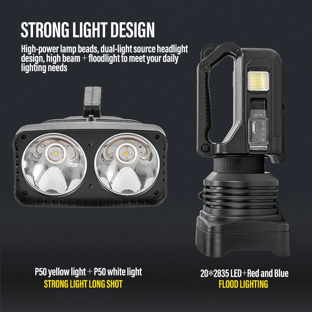 High Power Flashlight 2*XHP50 LED Torch Waterproof Spotlight Searchlight USB Rechargeable Fishing Lantern with Side Light Base