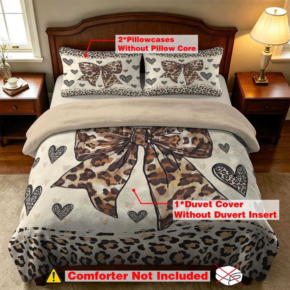 Leopard Bow Heart Print Milk Velvet Duvet Cover Set 3 Piece Vintage Soft Flannel Bedding Set Girls Bedroom Decor