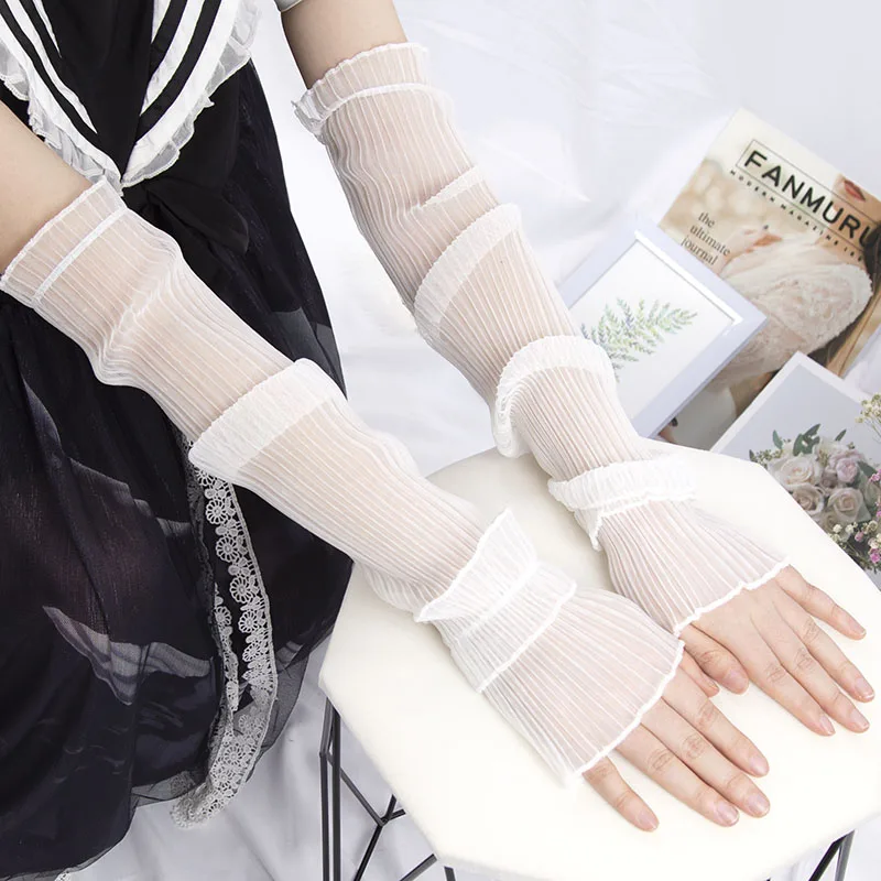 1 par de guantes largos finos de encaje sin dedos para mujer, mangas de protección solar de verano, guante de malla transpirable, manga de brazo, guantes Uv con protección solar