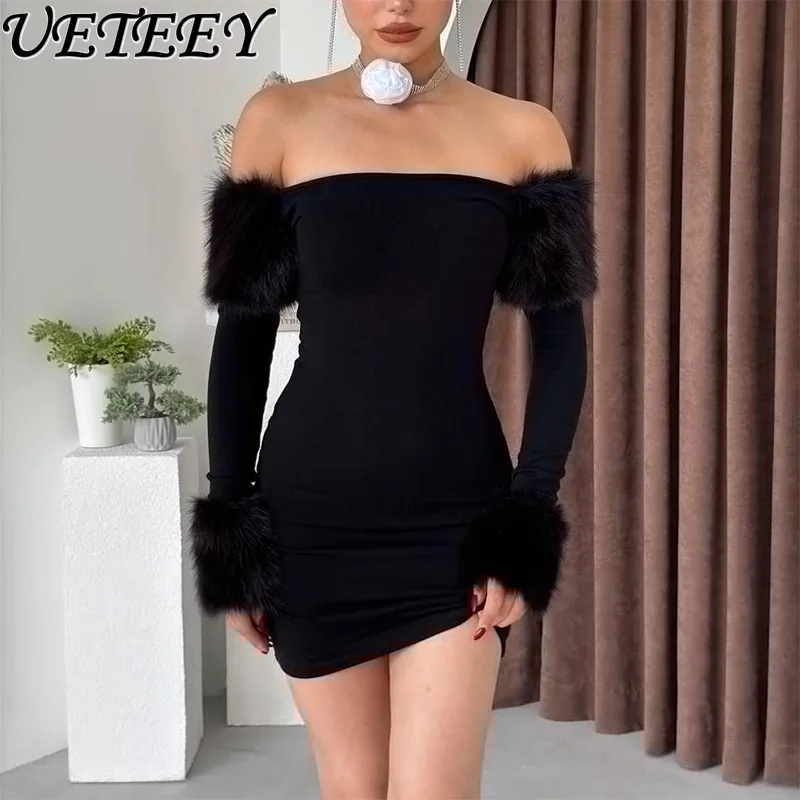 

Celebrity High-end Black Dress Autumn and Winter New Off-shoulder Slim-fitting Waist Knitted Hip-wrapped Women's Tide Dresses
