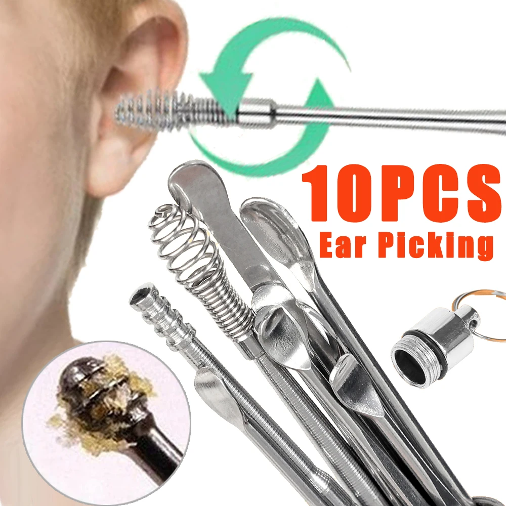 10Pcs/set Ear Cleaner Ear Wax Pickers Stainless Steel Earpick Wax Remover Piercing Kit Earwax Curette Spoon Care Ear Clean Tools