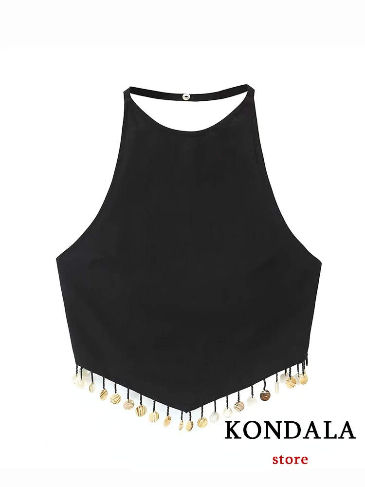 KONDALA Chic Solid Black Y2K TASSEL Sequined Holiday Sexy Women Top Fashion 2023 Summer Halter High Street Inide Folk Tank Vest