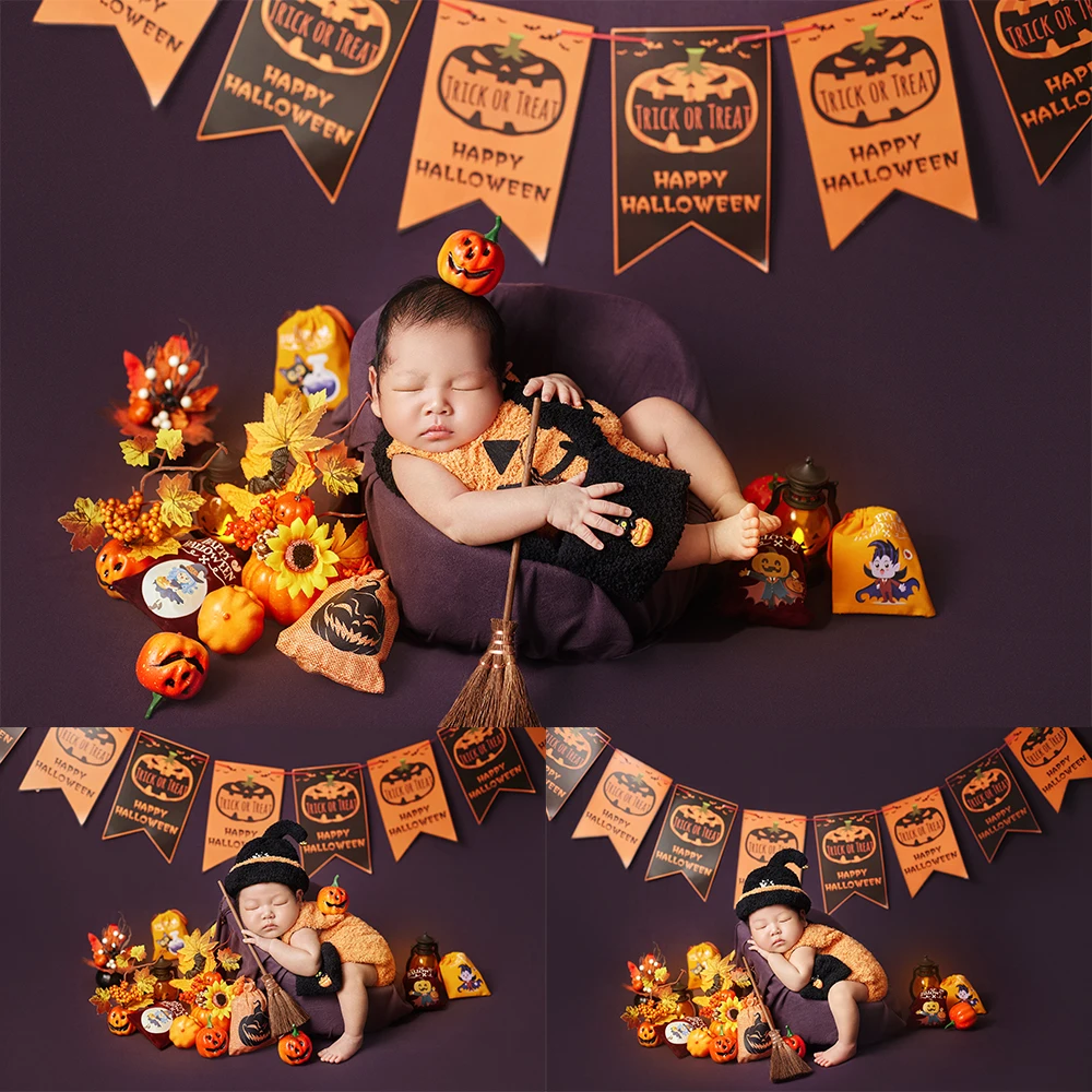 Baby Halloween Theme Photography Props Kit Jumpsuit+Mini Witch Hat Set Magic Broom Pumpkin Props Studio Newborn Shoot Decoration