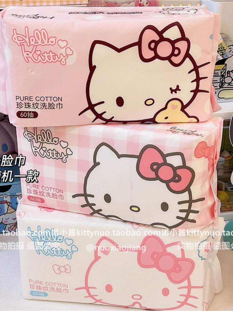 Kawaii Sanrio Hello Kitty Pure Cotton Disposable Face Cleaning Towel Make-up Tissue Wet Student Soft Paper Bathroom for Girls