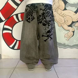 Skull Print Straight High Waist Y2K Women's Washed Grey Jeans American New 2024 Harajuku Retro Streetwear Gothic Wide Trousers