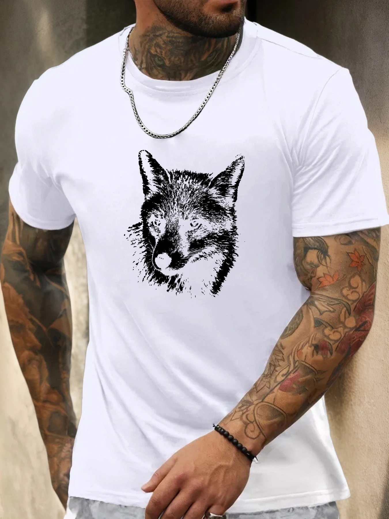 Men Royal Blue Crew Neck Tee Vintage Distressed White Fox Head Sketch Wild Forest Animal Soft Cotton Male Casual Short Tops
