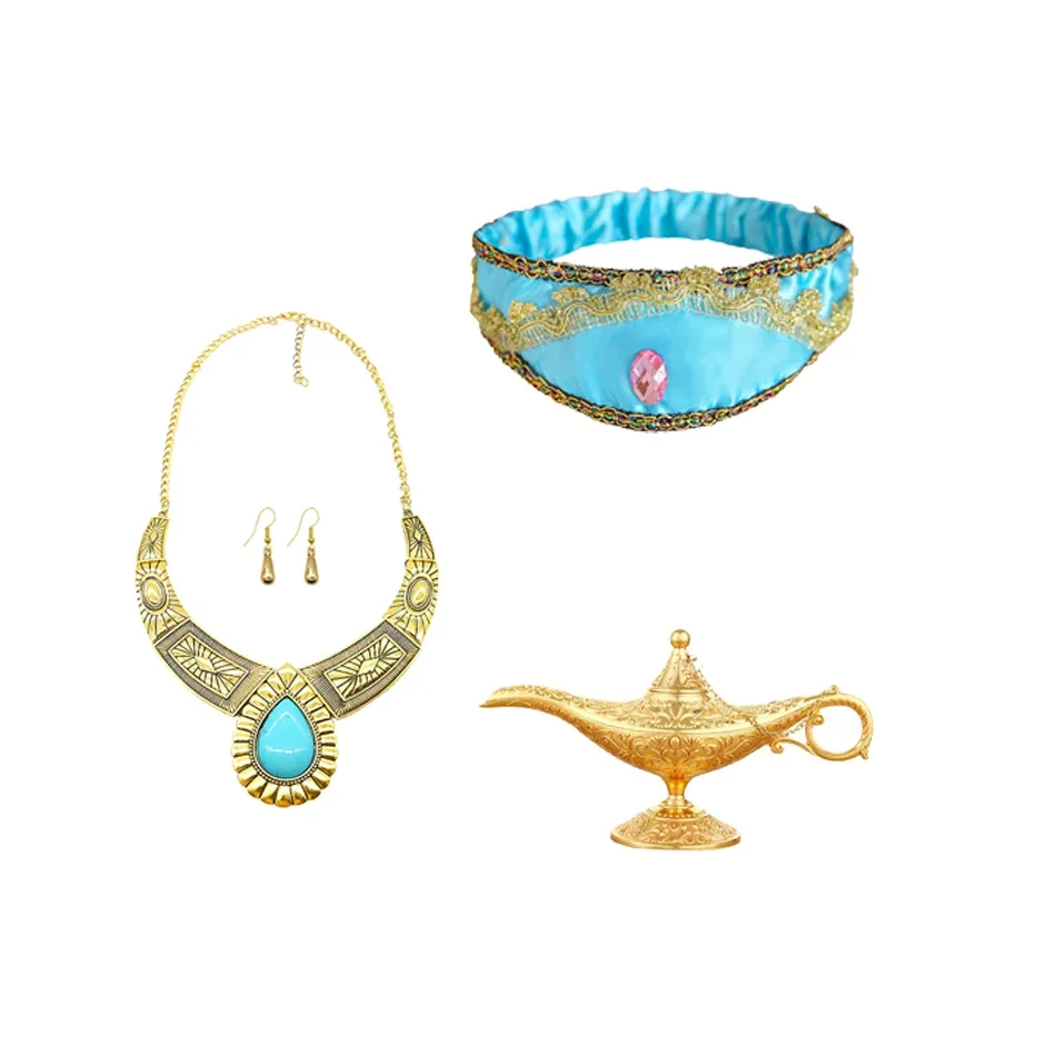 Girls Aladdin Jasmine Princess Necklace Earrings Headwear Cosplay Accessories Clips Wig Earrings without Pierced Ear Clip Women