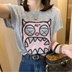 2023 Summer Tees Women's Pure Cotton Round Neck T-shirt Women's Spliced Printing Casual Fashion Short Sleeve Pullover Tops