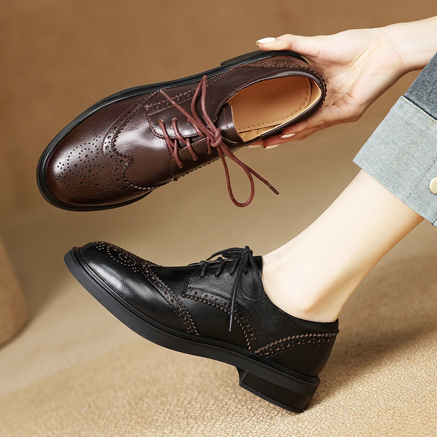 EAGSITY Cow Leather oxford shoes women lace up shoes brogue chunky heel casual derby shoes block heel leather shoes