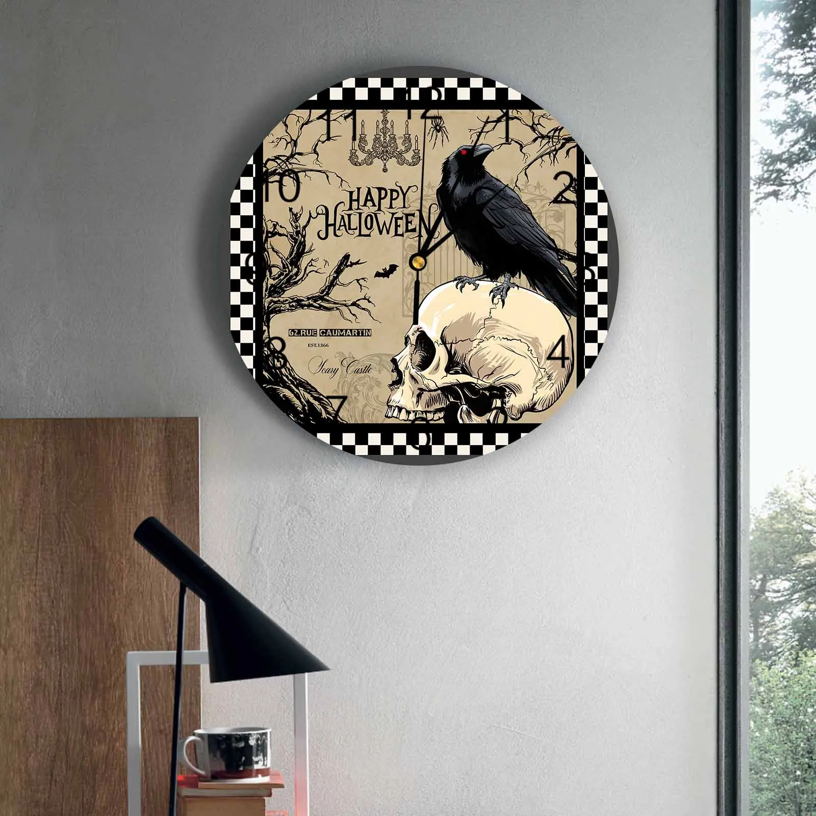 

Настенные часы для спальни, Хэллоуин, голова черепа, ворона, клетчатые часы для гостиной, украшения, детская комната, кабинет, бесшумные настенные часы