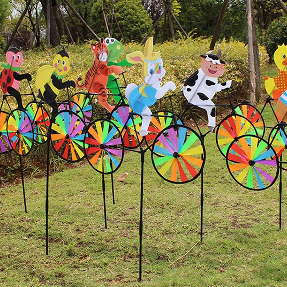Cute 3D Animal on Bike Windmill Whirly Garden Stakes Colorful Wind Spinner For Yard Lawn Decor Outdoor Holiday Decoration
